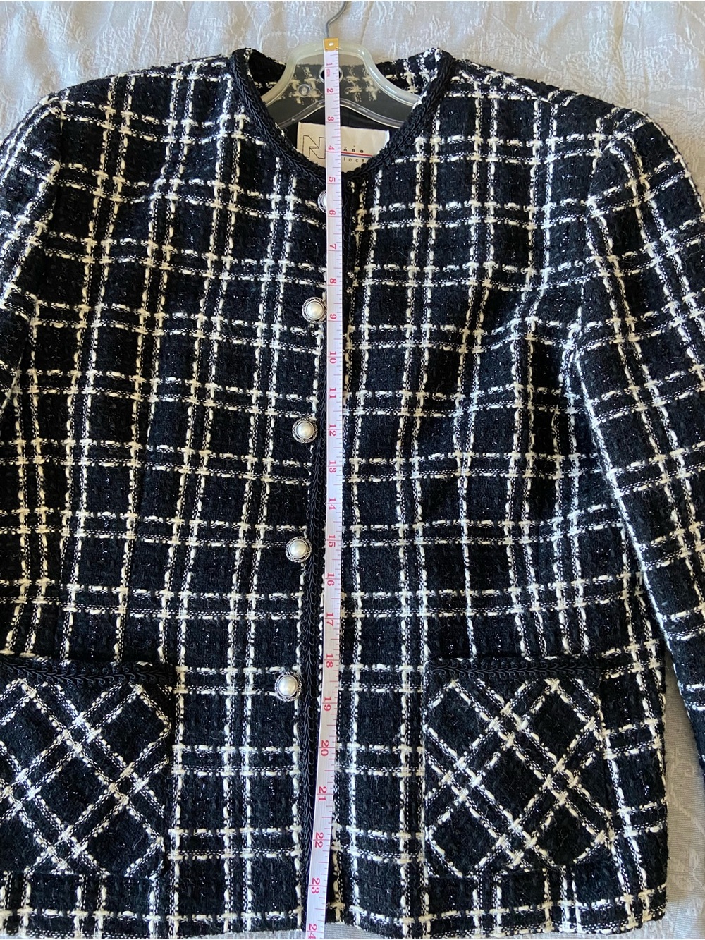 Black & White Tweed Pearl-Button Blazer Jacket